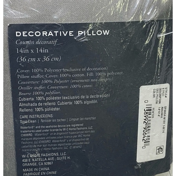 Waterford Linens Ansonia 14-Inch Square Throw Pillow in Pewter NWT - Picture 2 of 2